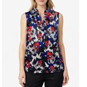 NWT Nine West Sz L Ruffle Neck Abstract Floral Career Classy Short Sleeve Top